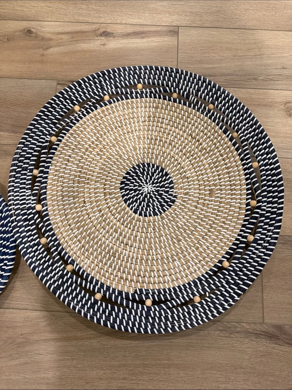 Woven Round Decorative Wall Baskets - Navy & Natural. Set of 2.